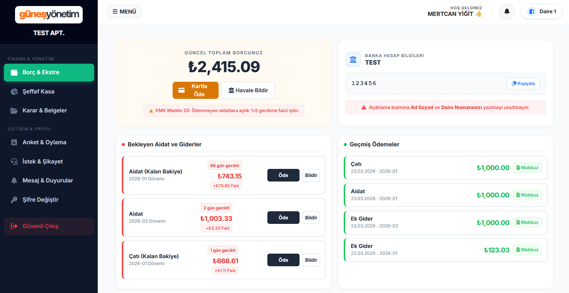 İzmir profesyonel apartman yönetimi dijital aidat takip paneli - Güneş Yönetim mobil portalı